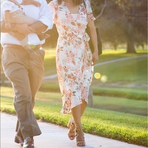 Floral white pink tie front dress